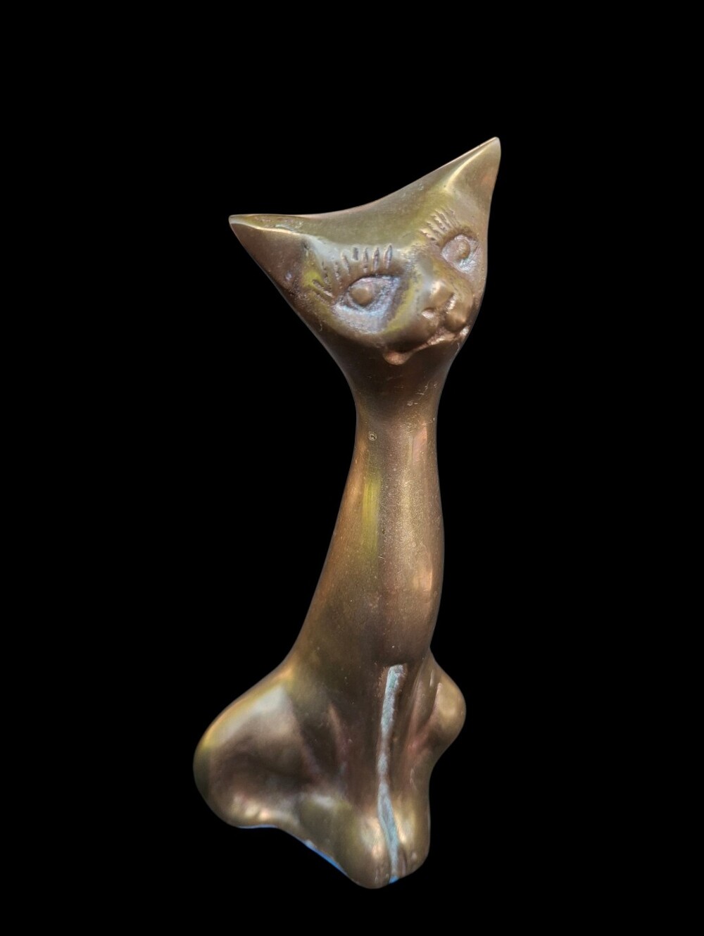 Vintage Solid Brass Sitting Cat Golden Figurine Paper Weight Mid Century Statue